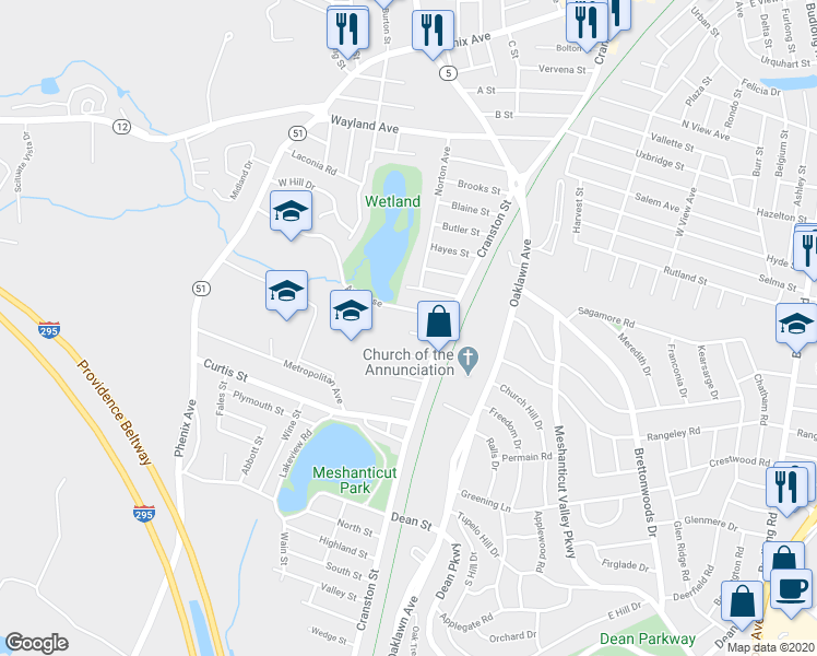 map of restaurants, bars, coffee shops, grocery stores, and more near 22 Utter Street in Cranston