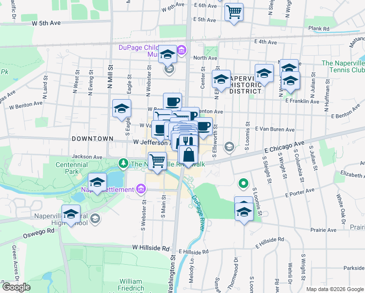 map of restaurants, bars, coffee shops, grocery stores, and more near 236 South Washington Street in Naperville