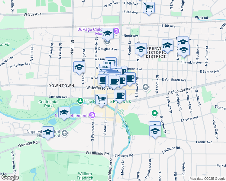 map of restaurants, bars, coffee shops, grocery stores, and more near 25 West Jefferson Avenue in Naperville