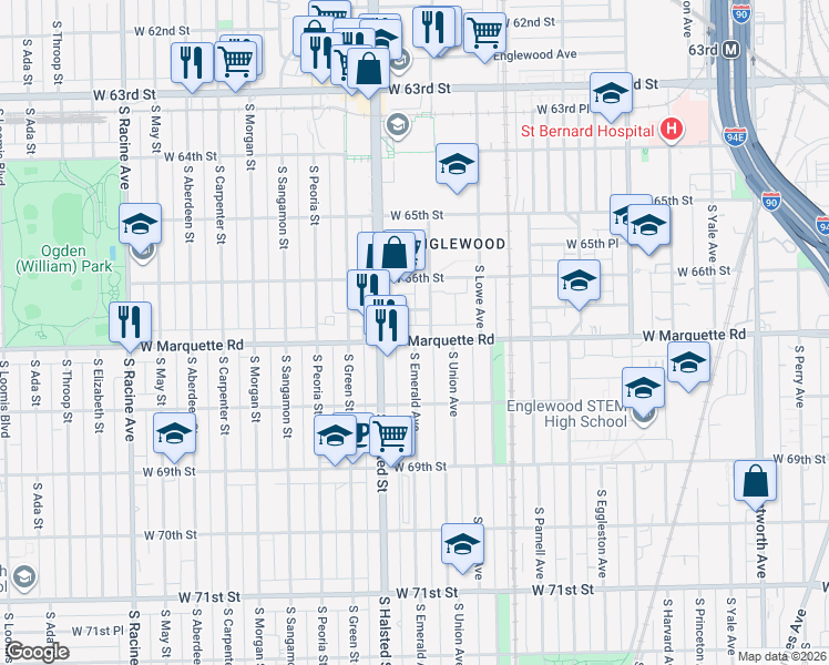 map of restaurants, bars, coffee shops, grocery stores, and more near 718 West 66th Place in Chicago