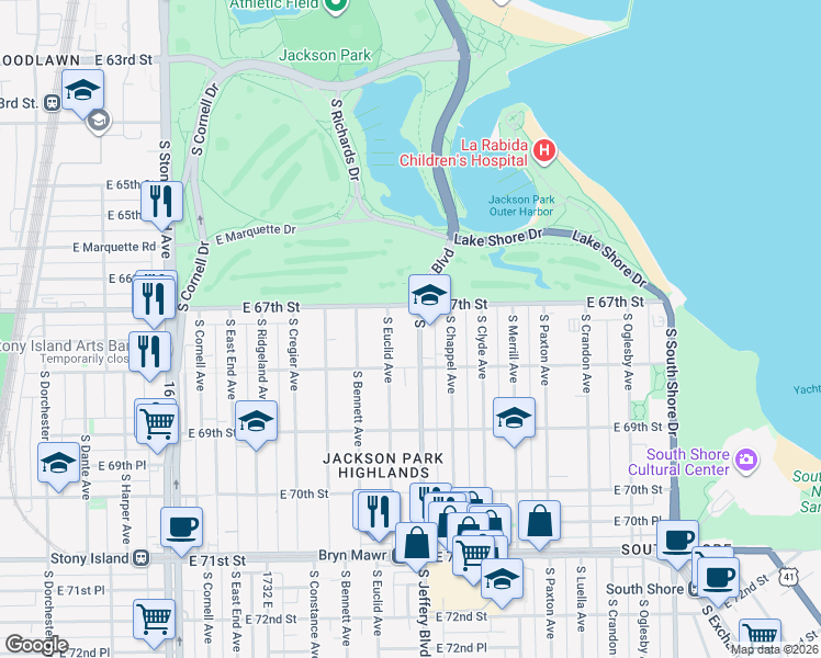 map of restaurants, bars, coffee shops, grocery stores, and more near 6720 South Jeffery Boulevard in Chicago