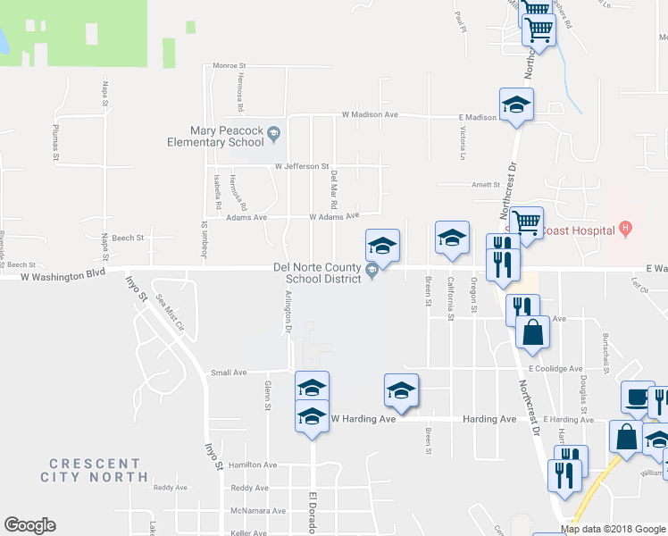 map of restaurants, bars, coffee shops, grocery stores, and more near West Washington Boulevard & Del Mar Road in Del Norte County