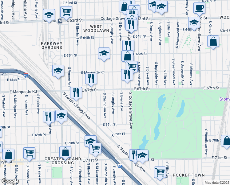 map of restaurants, bars, coffee shops, grocery stores, and more near 6707 South Langley Avenue in Chicago