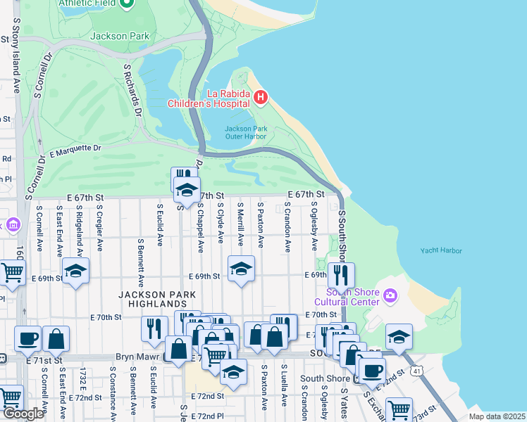 map of restaurants, bars, coffee shops, grocery stores, and more near 2201 East 67th Street in Chicago