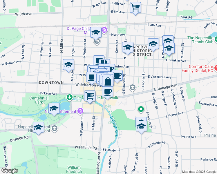 map of restaurants, bars, coffee shops, grocery stores, and more near 110 South Washington Street in Naperville