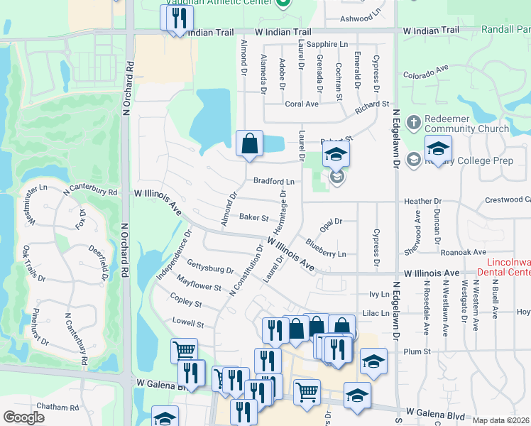map of restaurants, bars, coffee shops, grocery stores, and more near 2181 Sandburg Drive in Aurora