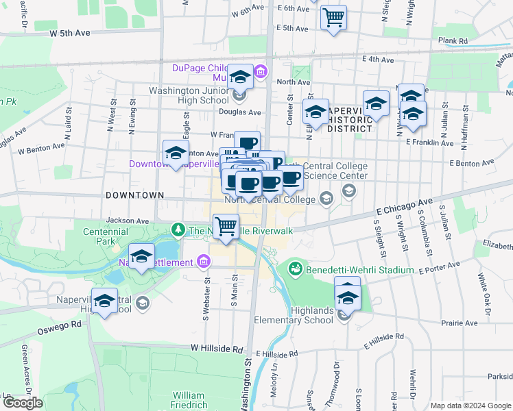 map of restaurants, bars, coffee shops, grocery stores, and more near 16 West Jefferson Avenue in Naperville