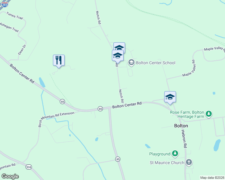 map of restaurants, bars, coffee shops, grocery stores, and more near 135 Notch Road in Bolton
