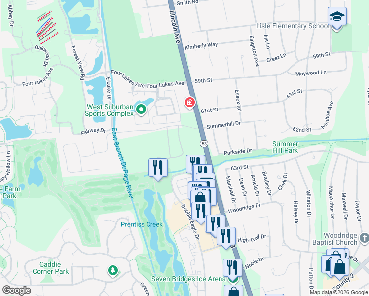 map of restaurants, bars, coffee shops, grocery stores, and more near 1196-1198 Summerhill Drive in Lisle