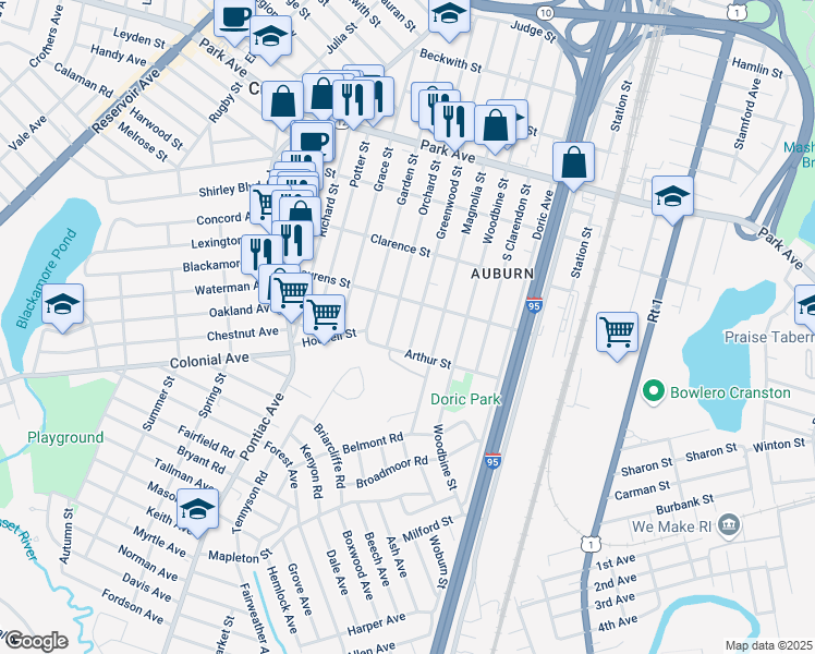 map of restaurants, bars, coffee shops, grocery stores, and more near 144 Laurens Street in Cranston