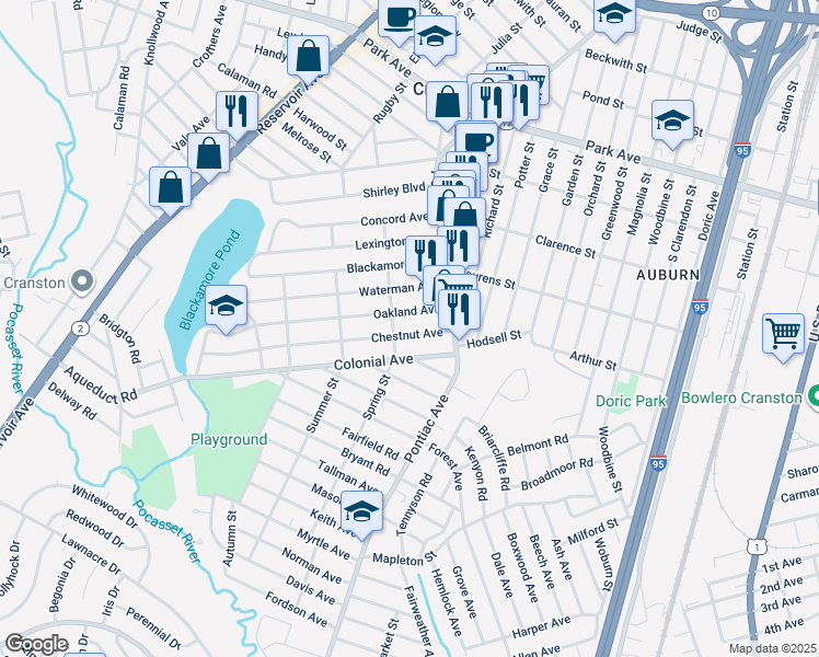 map of restaurants, bars, coffee shops, grocery stores, and more near 35 Oakland Avenue in Cranston