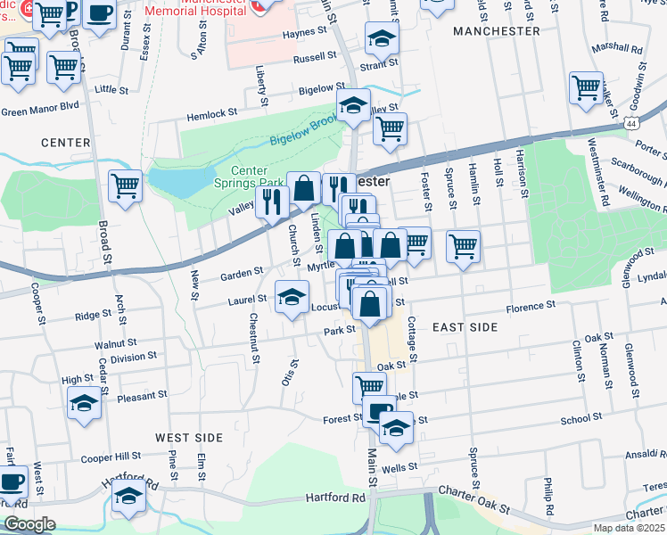 map of restaurants, bars, coffee shops, grocery stores, and more near 649 Main Street in Manchester