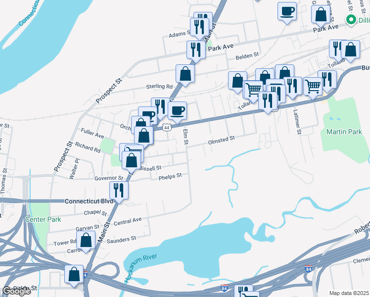 map of restaurants, bars, coffee shops, grocery stores, and more near 20 Elm Street in East Hartford