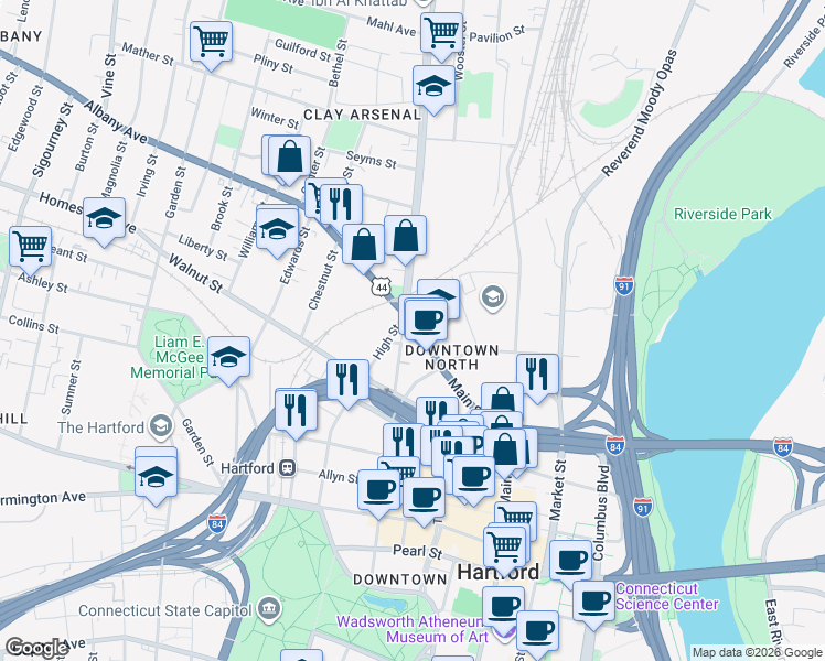 map of restaurants, bars, coffee shops, grocery stores, and more near in Hartford