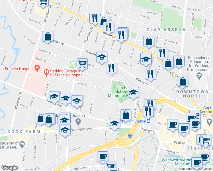 map of restaurants, bars, coffee shops, grocery stores, and more near 29 Ashley Street in Hartford