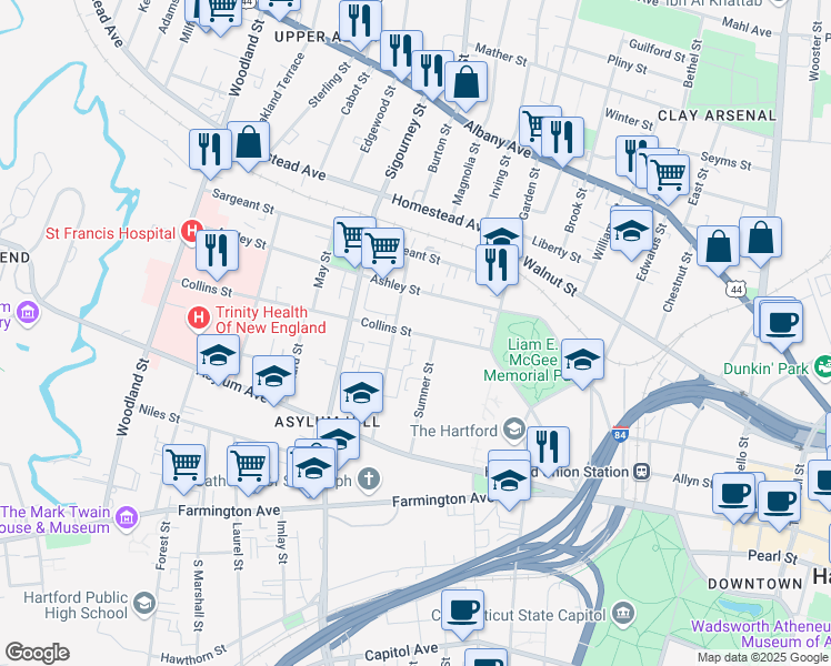 map of restaurants, bars, coffee shops, grocery stores, and more near 59 Ashley Street in Hartford
