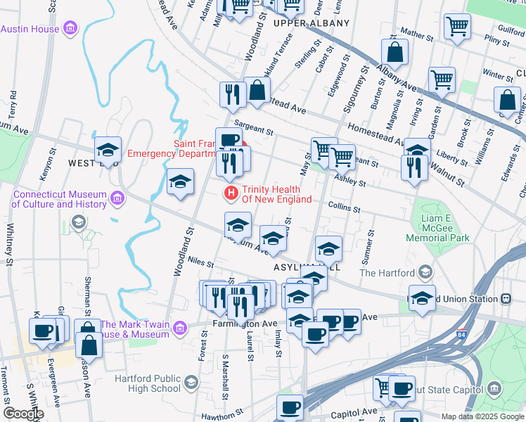 map of restaurants, bars, coffee shops, grocery stores, and more near 30 Atwood Street in Hartford