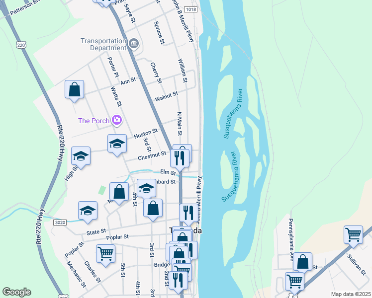 map of restaurants, bars, coffee shops, grocery stores, and more near 108 Main Street in Towanda