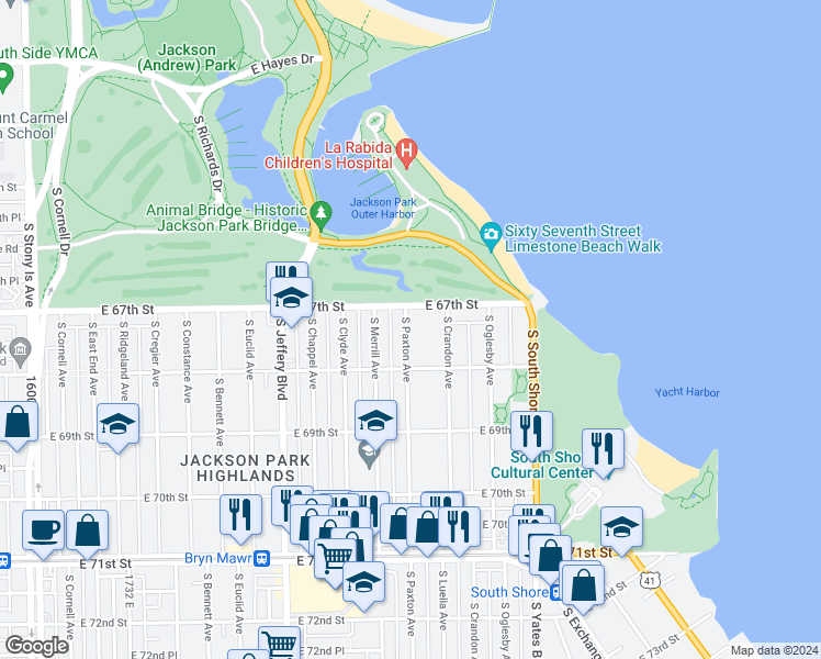 map of restaurants, bars, coffee shops, grocery stores, and more near 2201 East 67th Street in Chicago