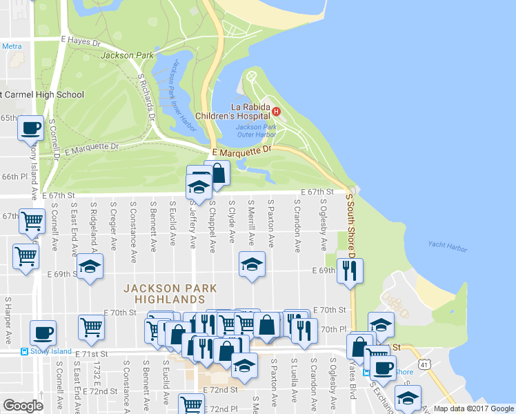 map of restaurants, bars, coffee shops, grocery stores, and more near 6714 South Chappel Avenue in Chicago
