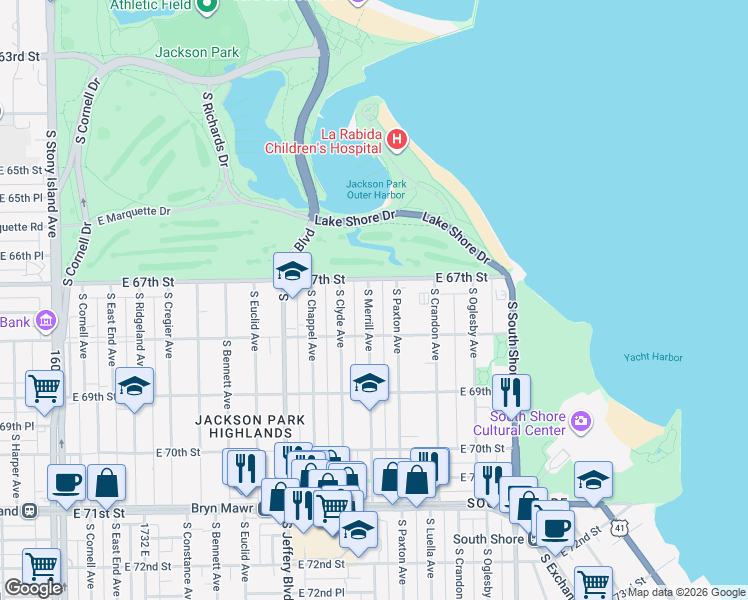 map of restaurants, bars, coffee shops, grocery stores, and more near 6714 South Chappel Avenue in Chicago