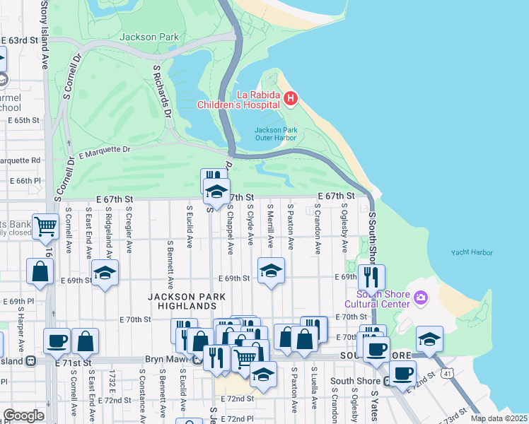 map of restaurants, bars, coffee shops, grocery stores, and more near 6714 South Chappel Avenue in Chicago