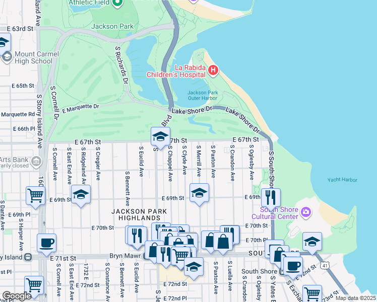 map of restaurants, bars, coffee shops, grocery stores, and more near 6714 South Chappel Avenue in Chicago