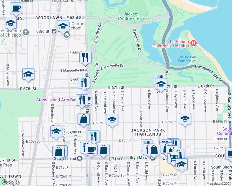 map of restaurants, bars, coffee shops, grocery stores, and more near 1747 East 67th Street in Chicago
