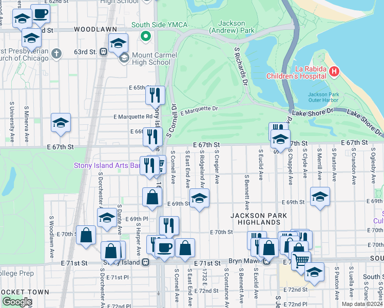 map of restaurants, bars, coffee shops, grocery stores, and more near 1705 East 67th Street in Chicago