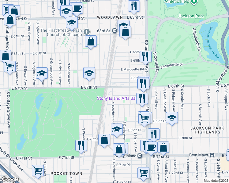 map of restaurants, bars, coffee shops, grocery stores, and more near 1412 East 67th Street in Chicago