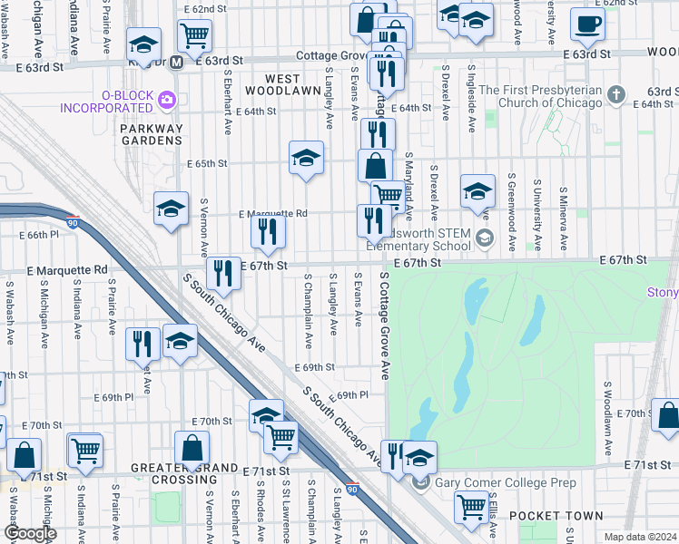 map of restaurants, bars, coffee shops, grocery stores, and more near 714 East 67th Street in Chicago