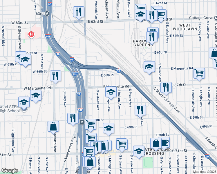 map of restaurants, bars, coffee shops, grocery stores, and more near 6651 South Michigan Avenue in Chicago