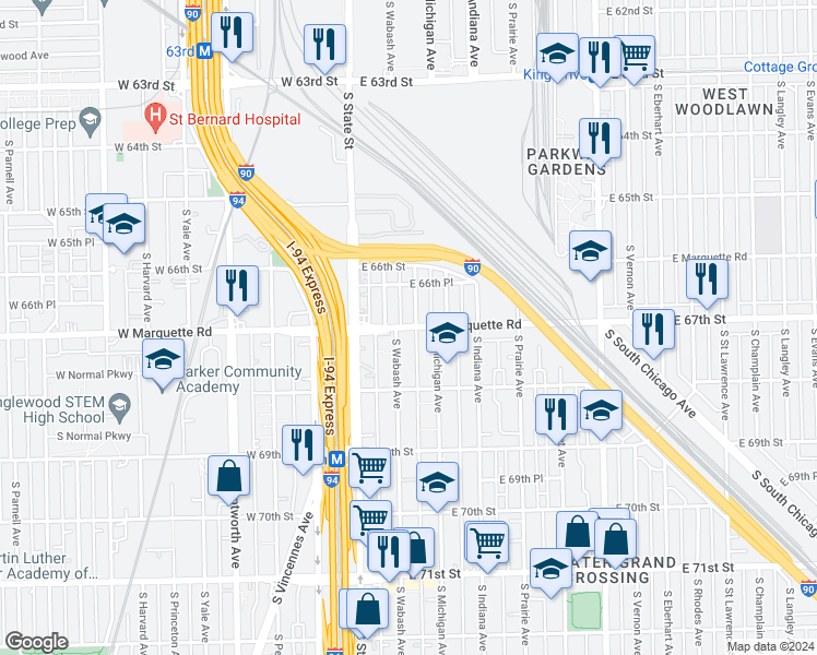 map of restaurants, bars, coffee shops, grocery stores, and more near 6651 South Michigan Avenue in Chicago