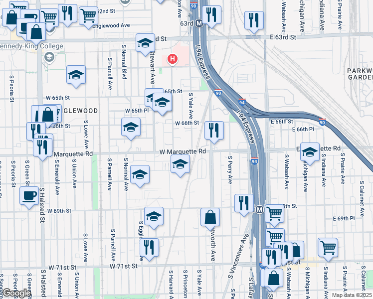 map of restaurants, bars, coffee shops, grocery stores, and more near 6633 South Yale Avenue in Chicago