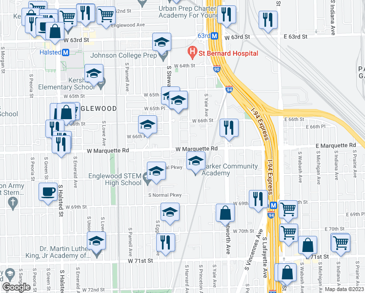 map of restaurants, bars, coffee shops, grocery stores, and more near 6623 South Stewart Avenue in Chicago