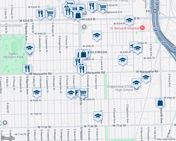 map of restaurants, bars, coffee shops, grocery stores, and more near 718 West 66th Place in Chicago
