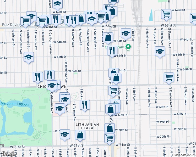 map of restaurants, bars, coffee shops, grocery stores, and more near 6609 South Campbell Avenue in Chicago