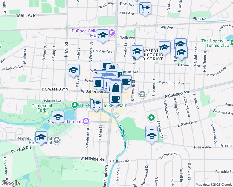 map of restaurants, bars, coffee shops, grocery stores, and more near 110 South Washington Street in Naperville