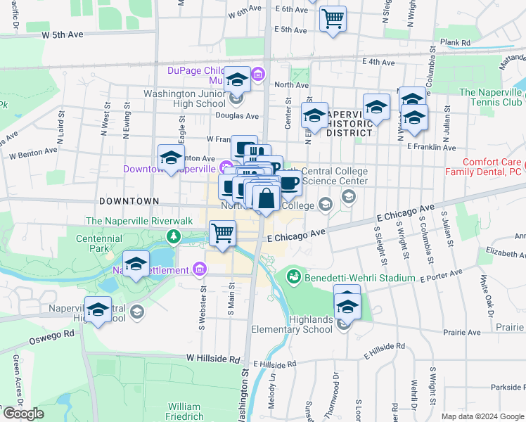 map of restaurants, bars, coffee shops, grocery stores, and more near 110 South Washington Street in Naperville