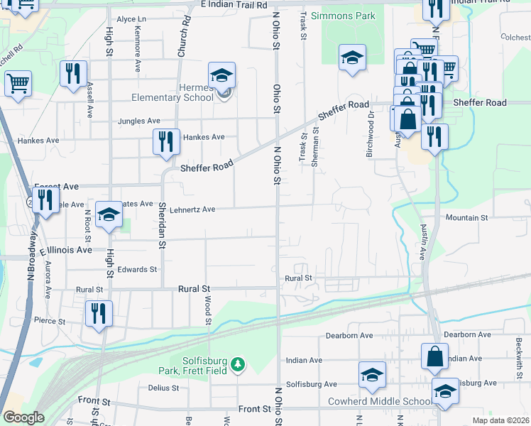 map of restaurants, bars, coffee shops, grocery stores, and more near 755 North Ohio Street in Aurora