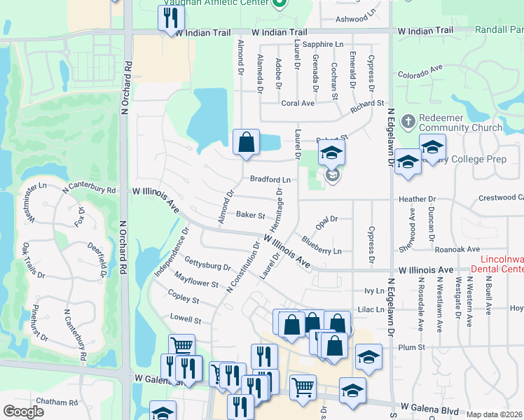 map of restaurants, bars, coffee shops, grocery stores, and more near 2181 Sandburg Drive in Aurora