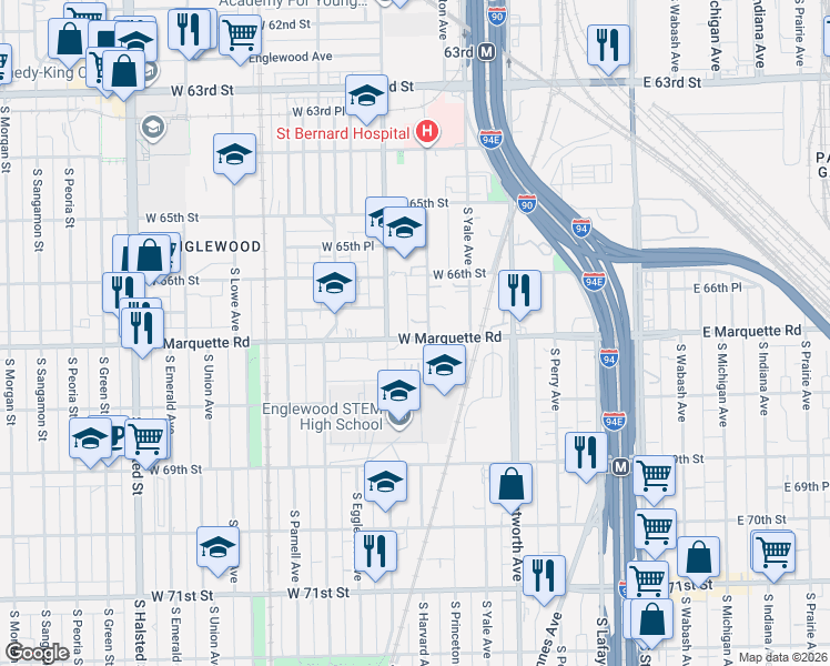 map of restaurants, bars, coffee shops, grocery stores, and more near 6623 South Stewart Avenue in Chicago