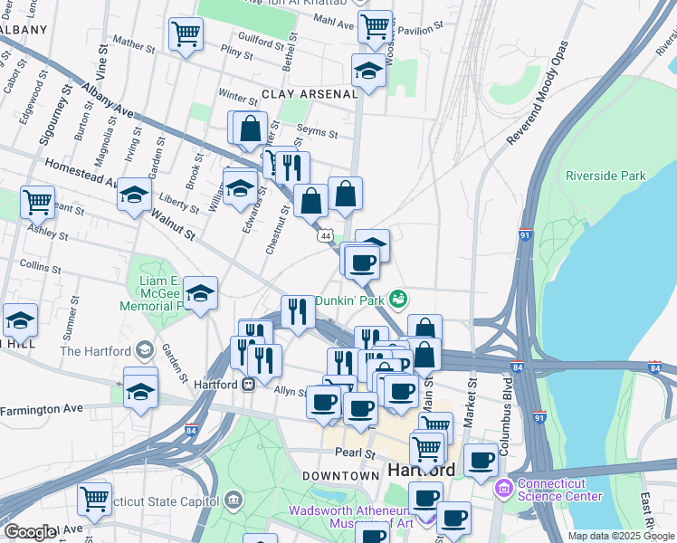 map of restaurants, bars, coffee shops, grocery stores, and more near 529 Ann Uccello Street in Hartford