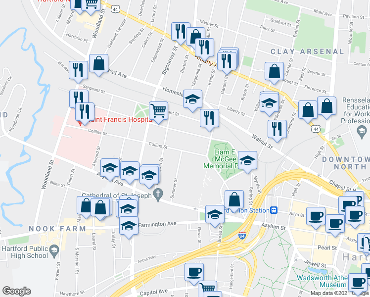 map of restaurants, bars, coffee shops, grocery stores, and more near 152 Collins Street in Hartford