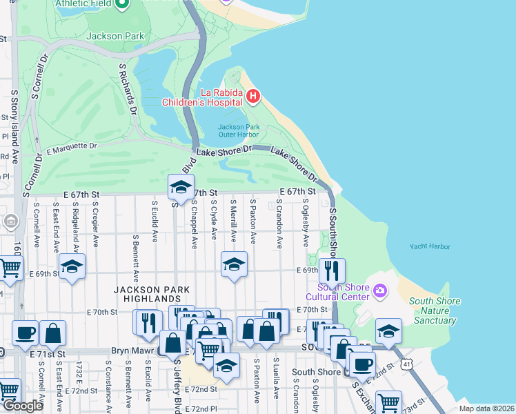 map of restaurants, bars, coffee shops, grocery stores, and more near 6723 South Paxton Avenue in Chicago