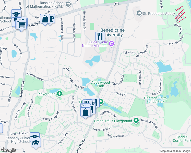 map of restaurants, bars, coffee shops, grocery stores, and more near 2372 Abbeywood Drive in Lisle