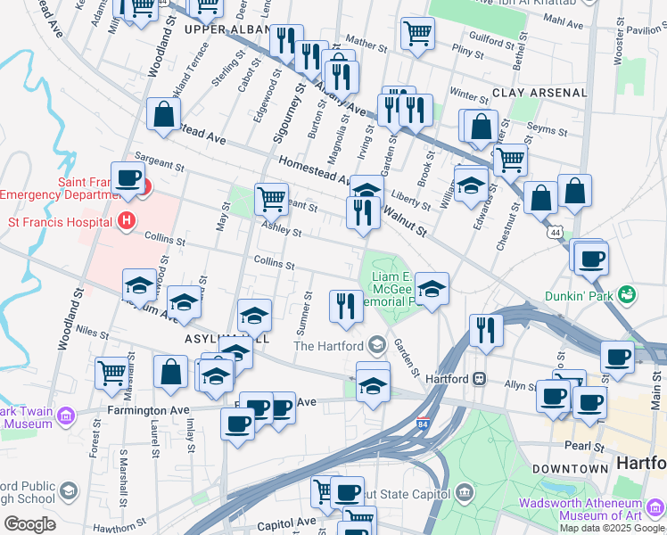 map of restaurants, bars, coffee shops, grocery stores, and more near 136 Collins Street in Hartford