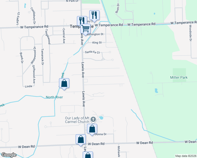 map of restaurants, bars, coffee shops, grocery stores, and more near 909 Dempster Street in Temperance