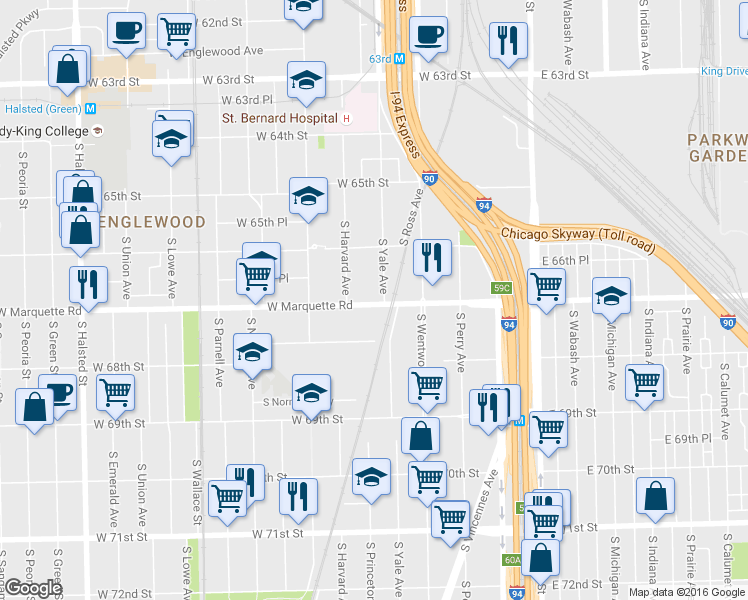 map of restaurants, bars, coffee shops, grocery stores, and more near 252 West Marquette Road in Chicago