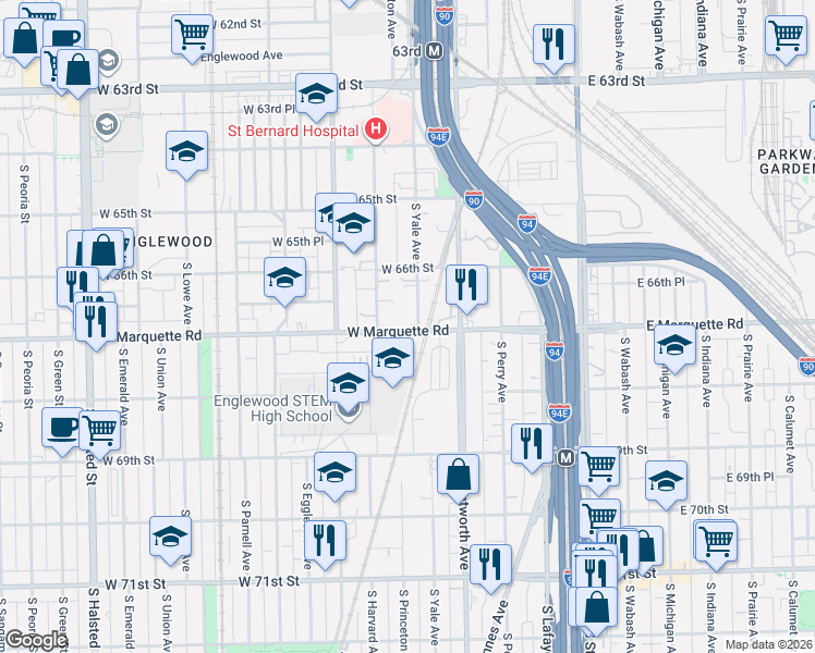 map of restaurants, bars, coffee shops, grocery stores, and more near 252 West Marquette Road in Chicago